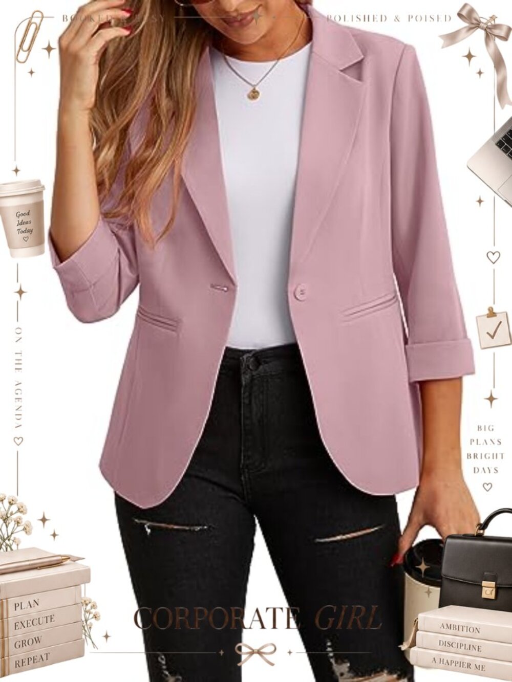Blazer for Women 3/4 Sleeve Button Front Pocket Office Classic